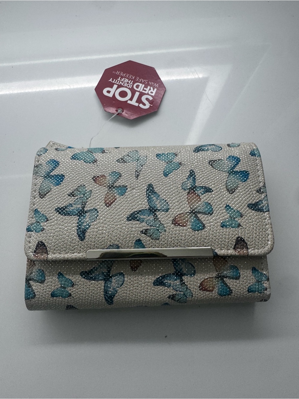 Butterfly Print Foldover Wallet - Unbranded Cream with Blue Accents